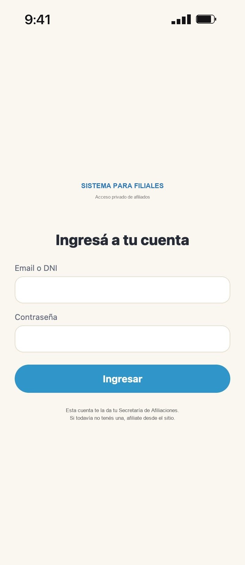 Pantalla de ingreso de la app