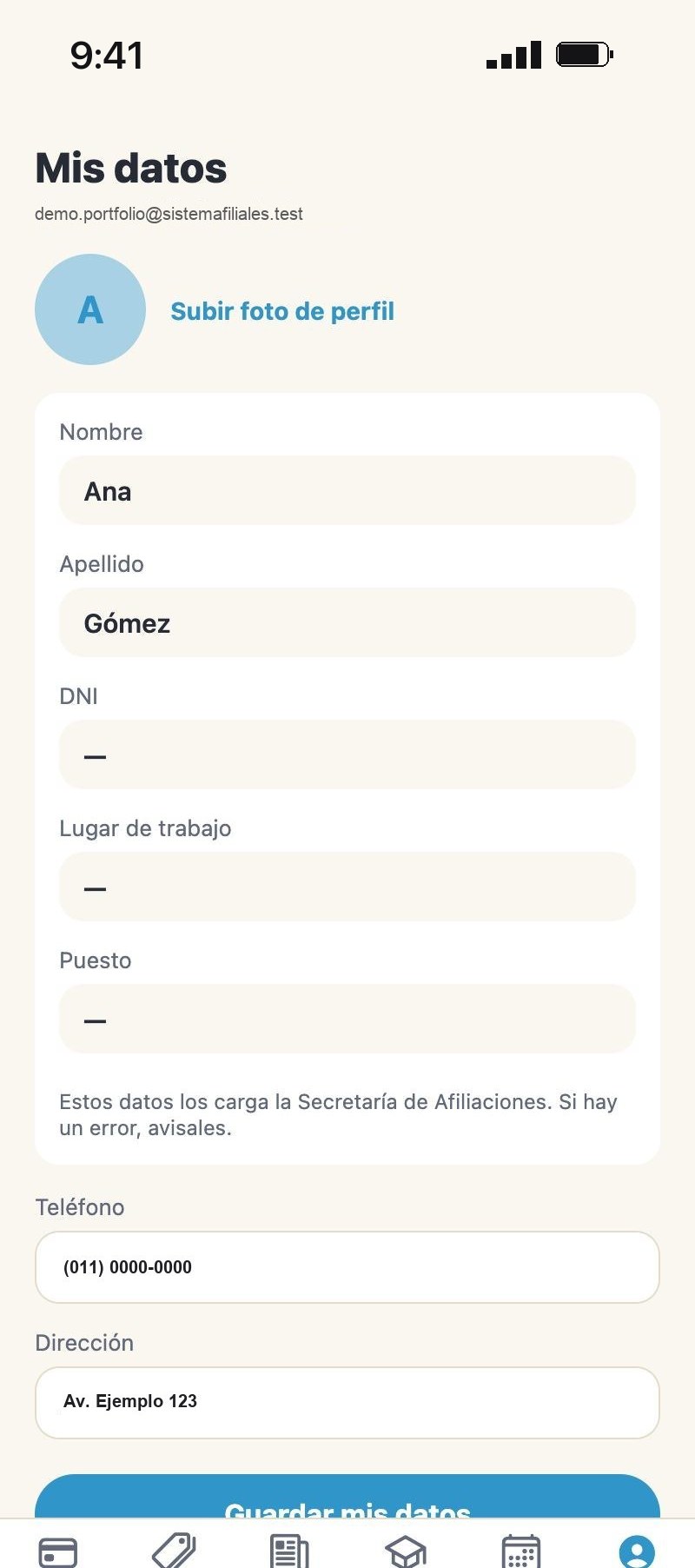 Pantalla Mis datos