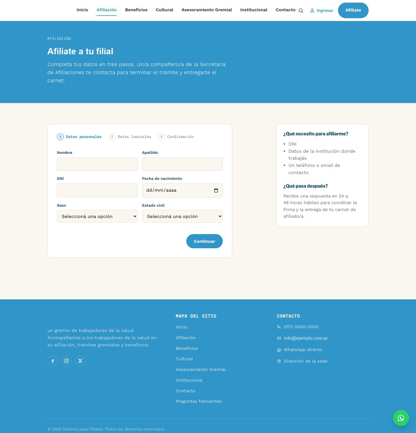 Formulario de afiliación online en 3 pasos